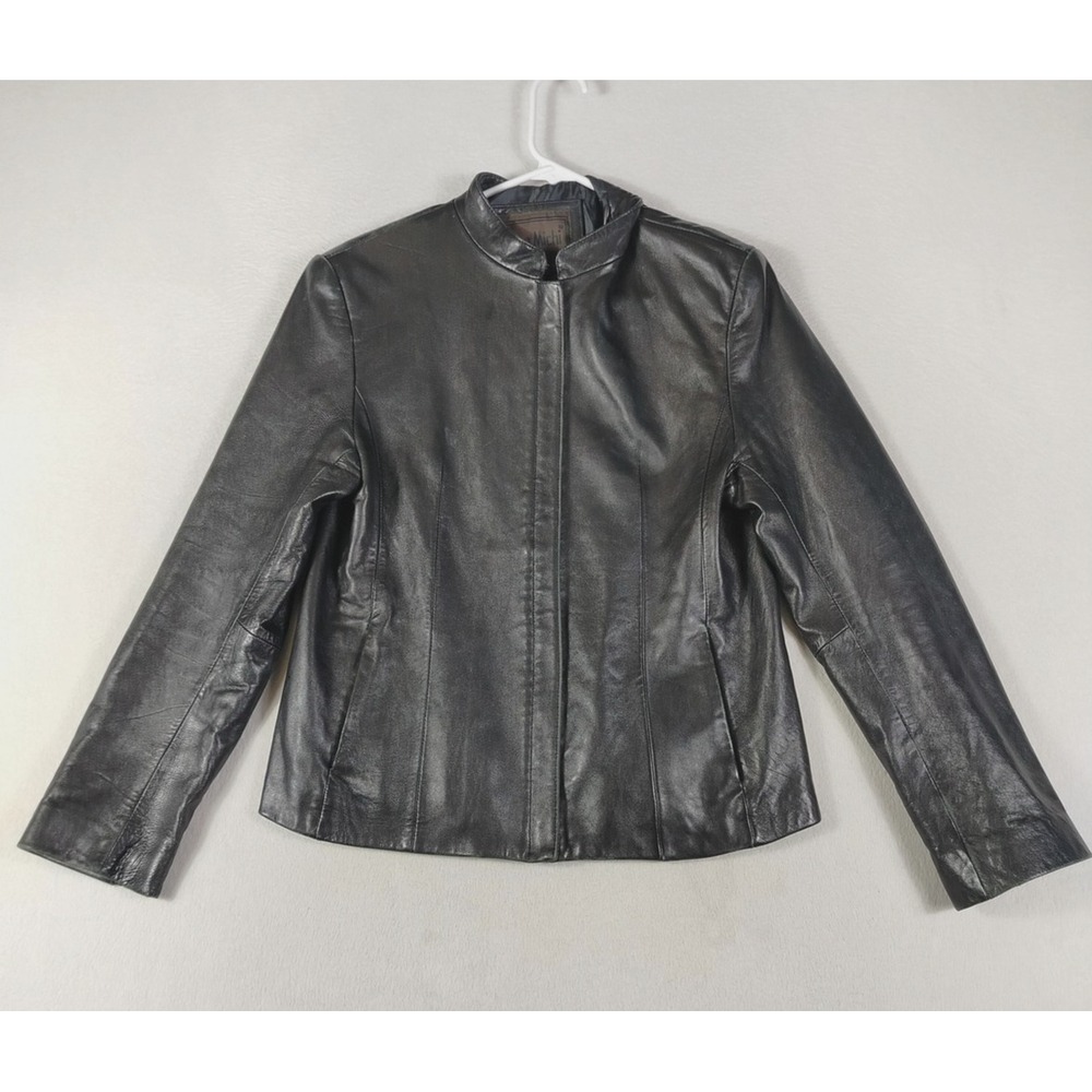 Dona Michi Jacket Womens Medium Black Leather Moto Zip Front Stand Collar Lined